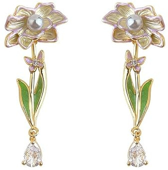 Monet Ölgemälde Stil Blumen Ohrringe Damen Lange Emaille Ohrhänger Elegante Florale Ohrringe Waldstil Schmuck für Frauen inklusive Weißer Geschenkbox