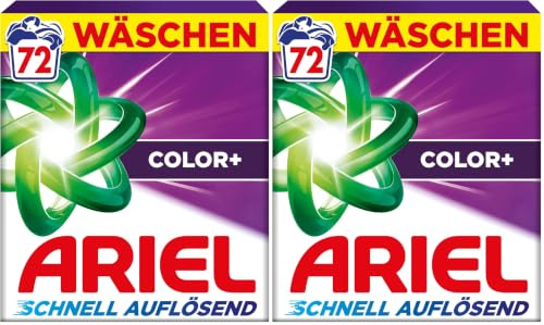 Ariel's schnell auflösendes Pulver Waschmittel Color+, 72 Wäschen, Color+, Fleck-Weg-Power beim 1. Waschen, Sofortige Wirkung, selbst in kaltem Wasser (Packung mit 2)