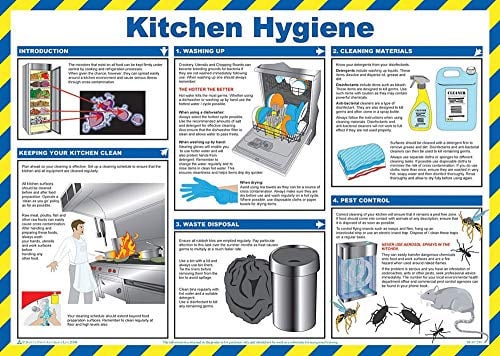 PDL – Pegdev - First Aid Laminated Health & Safety Poster - Kitchen Hygiene Guide, A2 Landscape Durable Hazard Sign.
