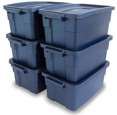 Rubbermaid Roughneck Tote 3 Gall, 6 Stück, hergestellt in den USA, Dark Indigo Metallic, robuster Kunststoff, stapelbare Aufbewahrungsbehälter mit Deckel und Griffen