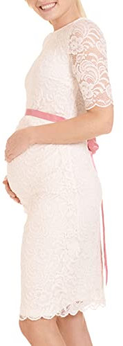 Herzmutter Umstandskleid festlich - Hochzeitskleid-Brautkleid - Schwangerschaftskleid mit Spitze - Kurzarm - 6200 (XS, Creme-Weiß)