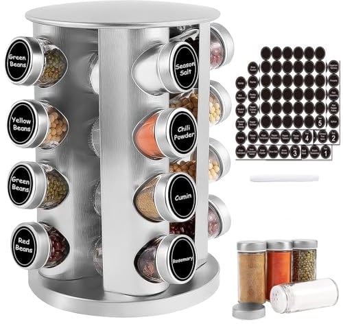 WAYDA Rotating Spice Rack with 16 Jars, Revolving Spice Rack Organizer for Cabinet, Seasoning Organizer Stainless Steel Kitchen Spice Tower with Labels for Countertop