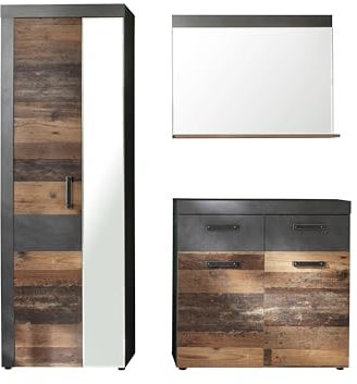 trendteam smart living - Indy - Garderoben-Set (Kleiderschrank + Kommode + Wandspiegel) - Graphit Grau/Alteiche - (BxHxT) 170 x 192 x 34 cm - rustikales Design