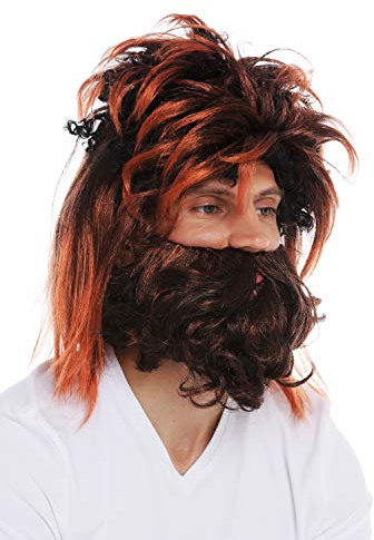 WIG ME UP - DT9383-P103T130 Perücke Bart Set Herren Karneval Wild Urmensch Neandertaler Schwarz Rotbraun Gesträhnt
