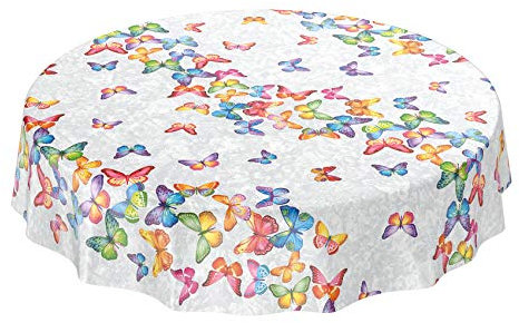 ANRO Wachstuch Tischdecke abwaschbar Wachstuchtischdecke Wachstischdecke Schmetterlinge Silber Bunt Rund 140cm