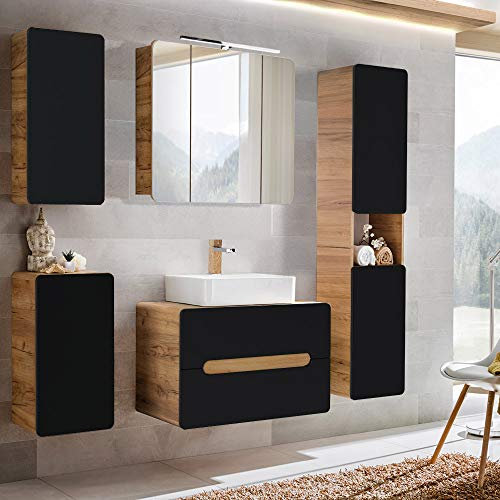 Lomadox Badezimmermöbel Set mit Keramik-Waschtisch & LED-Spiegelschrank seidenmatt anthrazit mit Wotan Eiche Nb., B/H/T ca. 180/200/46 cm