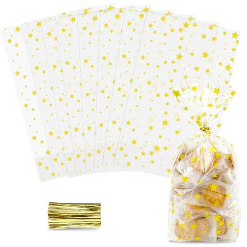 Bodenbeutel Goldene Sterne 100 Stück, Cellophantüten Weihnachten 240 x 150mm, Transparente Kekstüten Plätzchentüten Mit Bindebaender, Zellophantüten Mit Boden für Süßigkeiten