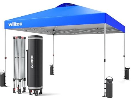 Wiltec Pop Up Pavillon 3 x 3 m blau mit Rädern, Faltpavillon mit „One Push“-Technologie und Gewichtstaschen, Gartenpavillon mit verstellbaren Beinen