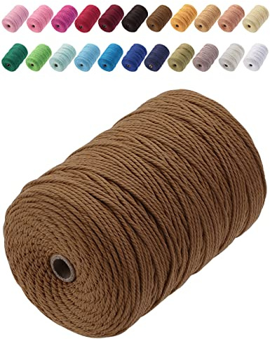 GOHOF Cordón de algodón para macramé, 3 mm x 200 m, color natural, cuerda de algodón suave para colgar plantas, colgar en la pared, atrapasueños (color caramelo)