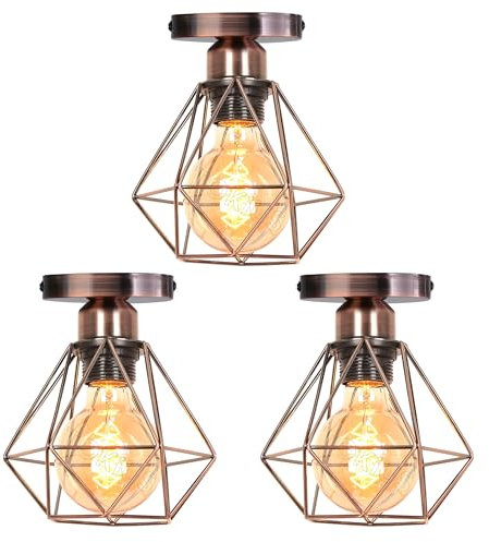 TOKIUS Deckenlampe 16CM Vintage Deckenleuchte im Industrial Design Retro E27 Lampe aus Eisen Geometrisch Käfig Pendelleuchte, Kupferrost (3 Stücke)
