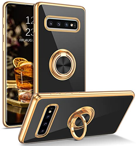 DUEDUE for Samsung S10 Plus Case, Soft TPU Bumper Plating Case with Ring Stand, Shockproof Anti-Scratch Protective, Anti Slip Luxury Electroplated Cover for Samsung Galaxy S10 Plus 6.4, Black