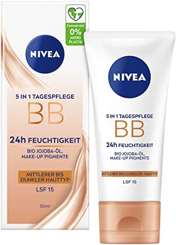 NIVEA Crema de día 5 en 1 BB 24 h hidratante SPF 15, crema de día tintada para pieles medianas y oscuras, crema facial con aceite de jojoba orgánico y pigmentos de maquillaje