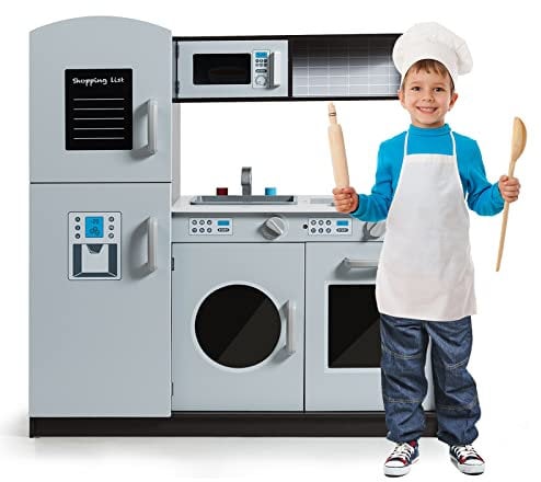 COSTWAY Cucina Giocattolo per Bambini, Cucina Legno per Bambini con Frigorifero, Distributore d'acqua, Lavatrice, Forno, Microonde, Lavello e Rubinetto, Funzione Luci e Suoni, per Bambini 3+ Anni