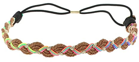 Braunes Damen Haarband Noir Goldener faden und zufällige Fluo farben - Geflochtenes Hairband - Dünnes elastisches Stirnband Einheitsgröße - Retro Vintage Headband - Original Look Boho Hippie