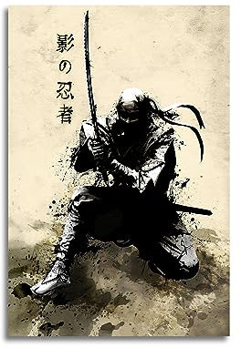 GENGSHENG Japanische Tinte Bushido Poster Leinwand Gemälde Vintage Japanischer Ninja Druck Wandkunst Charakter Bilder Dekoration Wohnzimmer Wohnkultur Ungerahmt 30,5 x 45,7 cm
