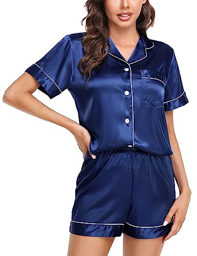 Lovasy Silk Pyjamas for Women Satin Pyjama Set Button Down Ladies Pajamas Classic Short Pjs Sets,Navy Blue,M