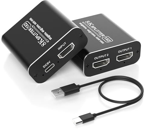 8K HDMI Splitter 1 in 2 Out - 8K@60Hz 4K@120Hz EIN Eingang Zwei Ausgänge HDMI 2.1 Splitter Dual Monitore HD Kopieren Identische Anzeige, Dynamischer HDR und VRR Modus, für Xbox PS4 PS5 TV PC Laptop