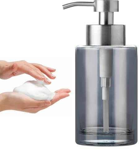 Enra, Schaumseifenspender, 350 ml, Seifenspender mit dickem Glasgehäuse und Edelstahlpumpe, Badezimmer und Küche (silberfarbener Schaumpender)