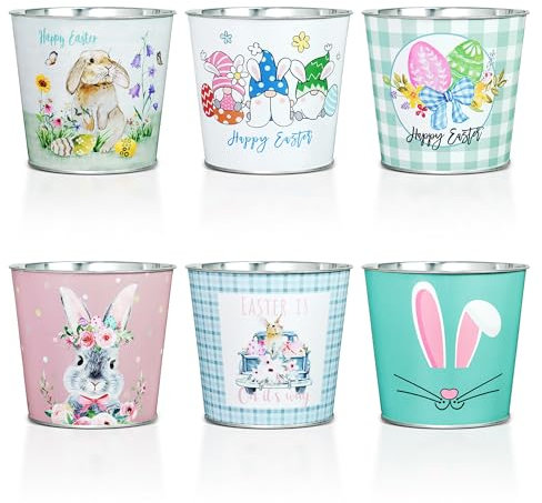 Putuo Decor Metall-Eimer mit Ostermotiv, 6 Stück, Osterdekorationen, runde Gartentöpfe, verzinkt, kleiner Eimer für Party, Zuhause, Tischdekoration, Aufbewahrungsdekoration