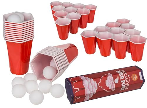 mucHome Trinkspiel Hexagon Beer Pong 22 Trinkbecher und 15 Bälle sechseckige Becher Partyspiele Gesellschaftsspiel
