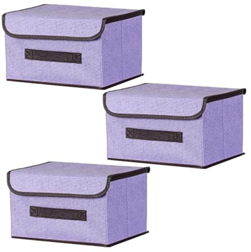 EURXLQ 3 Lila Faltbare Aufbewahrungsbox mit Deckel 26×19×16 cm,Leinen Stoff Faltbare Lagerung Bin mit Flip-Top-Deckel & Griffe,Kleidung Decke Box für Haus,Kleiderschrank