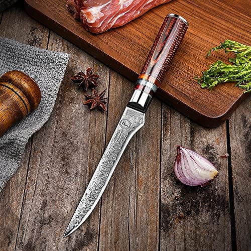 5.5 Damascus Boning Knife Fillet Knife, FANTECK Professional Ultra Sharp Chef Knife Japanese Pro High Carbon Damascus Steel Flexible Blade Kitchen Knife Fish Filleting Knife with Pakkawood Handle