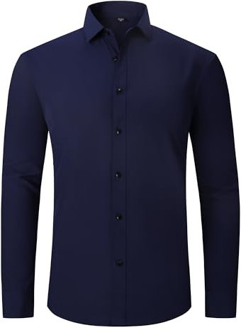 MakingDa Men's Long Sleeve Dress Shirt Plain Stretch Non Iron Wrinkle-Free Slim Fit Business Casual Work Button Down Formal Shirts for Office Wedding Party-Z-Dark Blue-M