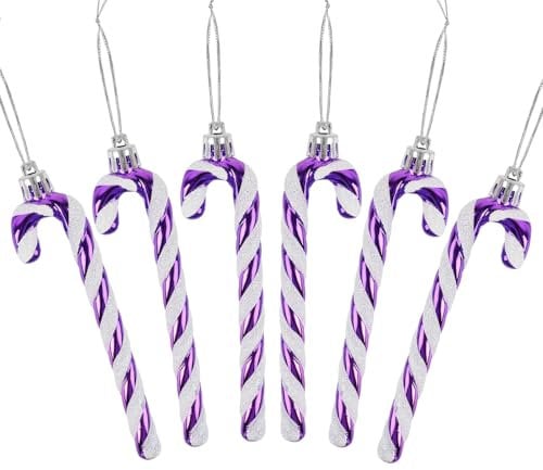 DERAYEE 6 PCS Christmas Glitter Candy Cane Plastic Candy Cane Christmas Tree Decorations for Xmas New Year Party Supplies (Purple&White)