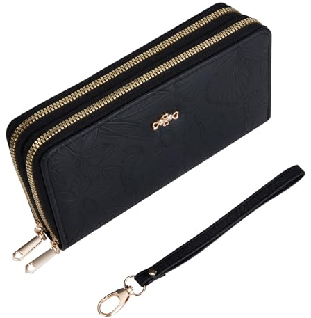 ZLLkeji Portafoglio Donna Moda Portamonete Doppia Cerniera Con Porta Credito Carte Lunga Clutch Portafoglio Donna Floreale Portamonete in Pelle PU per Banconote Contanti Fattura Regalo (Nero)