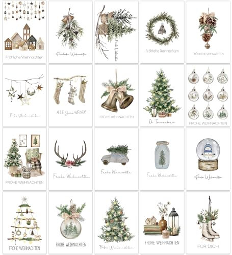 SILARLAIT Weihnachtskarten mit Umschlag Set Aquarell, 20 Stück Klappkarten Weihnachtskarten Set mit weihnachtlichen Motiven, Weihnachtskarten Basteln Weihnachtspostkarte Boho Weihnachtendeko