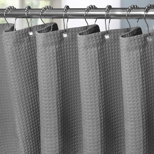 VANZAVANZU Waffel Duschvorhang mit Metall Duschvorhangringe Stoff Textil Badewannenvorhang Anti Schimmel Bad Vorhang Set Wasserdicht Schwerer Badewanne Vorhang - 152 x 214cm (Dunkelgrau)