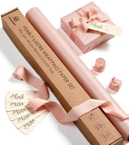 Vitalizart 43cm*5m Rosa Geschenkpapier Set, Perlglanz mit Rosa Geschenkband & Geschenkanhänger Recycelbar, Geschenkpapierrolle für Weihnachten Geburtstag Hochzeit Geschenk & Handarbeit