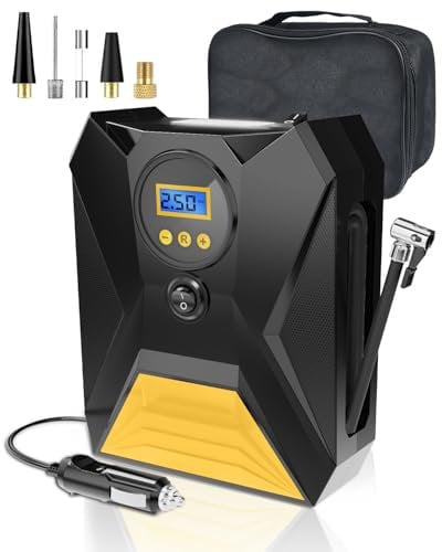 Rumicet Gonfleur Pneus Voiture Portable avec Écran Numérique, 12V Compresseur à Air, Fonction Mémoire, Arrêt Automatique, Lumière LED, 3 Embouts pour Voiture, Vélo, Moto, Ballon (Jaune)