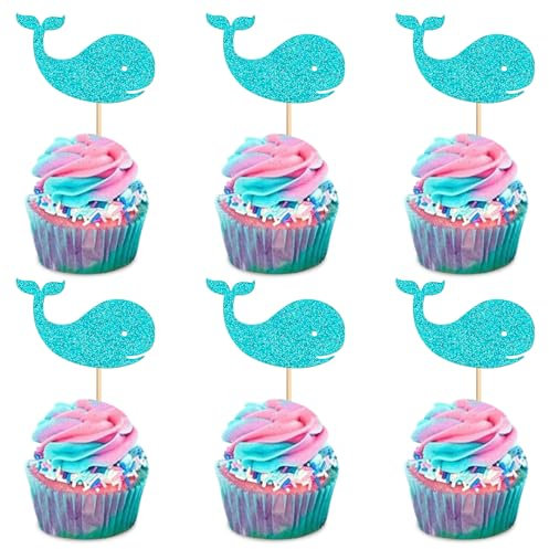 Blumomon 24 Stück Ocean Glitter Wal Cupcake Toppers Männliche Baby Shower Dekorationen Boy Birthday Supplies