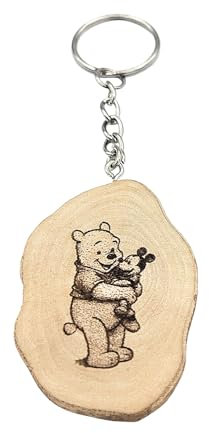 Promotech Mickey et l'Ourson Porte-clés en bois gravé au laser fait à la main, Bois naturel, W5L5