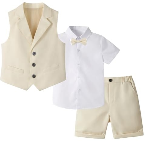 LOLANTA Ensemble de Costume pour Enfants 4 pièces, Costume de Mariage d'été pour garçons, Chemise à Manches Courtes, nœud Papillon, Gilet, Short, 3-12 Ans