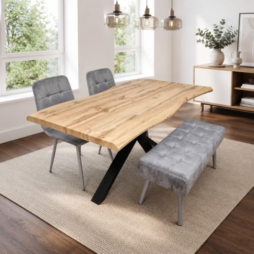 KOSY KOALA Dining Table with 2 Grey Velvet Chairs and Modern Grey Bench Dining Room Furniture Set