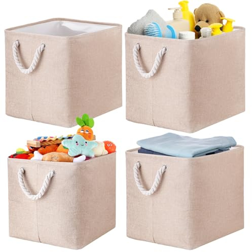Goxiry Aufbewahrungsbox 33x33x33 cm 4er Set faltbar Khaki | Stabiler Stoff-Würfel mit Griff I Passend für Kallax & Regale I Kinderzimmer, Kleidung & Spielzeug I Platzsparend faltbar