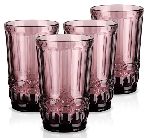 Joeyan 330ml Morado Vasos de Cristal agua Vintage con Relieve,Juego de 4 | Vasos de Vidrio Grandes,Decoración Colores Cristalería Regalo para Banquetes de Navidad, Bodas, Casas Nuevas y Fiestas
