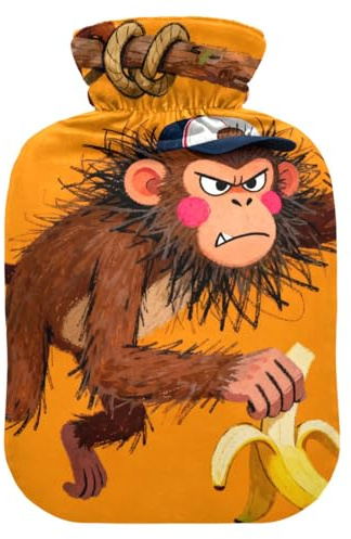 Wärmflaschen mit weichem Bezug, Motiv: Cartoon-Affe, Bananenmotiv, Orange, 2 l Wärmbeutel für Periodenkrämpfe