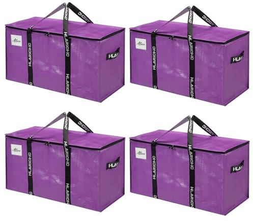 Hilarichic Heavy Duty Moving Bags 97L - Extra Large Storage Bags for Clothes with Strong Zipper & Comfortable Handles, Packing Boxes for Moving House, College Dorm, 4 Pack, Purple, Virgin PE Material