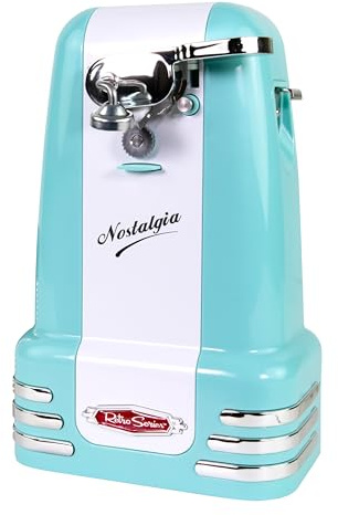 Nostalgia Retro Electric Can Opener for Kitchen with Magnetic Lid Remover, Knife Sharpener, and Soda or Beer Bottle Opener, Aqua