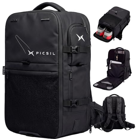 PICSIL Horizon Reise-Rucksack - Erweiterbar 26L-33L Handgepäck Flugzeug - Wasserdichte Laptoptasche 15,6 Zoll mit Schuhfach - Daypack für Reise, Gym & Arbeit - Moonless