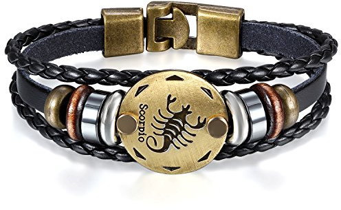 JewelryWe Schmuck Herren Damen Skorpion Armband, 12 Tierkreis Sternzeichen Horoskop Charms Druckknopf Armreif, Leder Legierung, schwarz