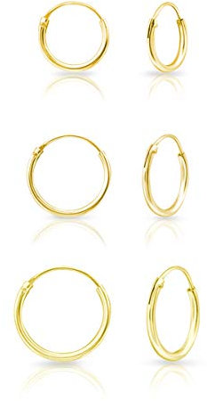 DTPsilver® 3 Paare WINZIGE Creolen Ohrringe 925 Sterling Silber Gelb Vergoldet - Knorpel/Wendel/Tragus - Dicke 1.2 mm - Durchmesser 10, 12, 14 mm