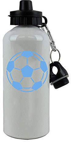 Borraccia sportiva personalizzata con pallone da calcio in alluminio con finitura bianca, 600 ml, 2 coperchi, personalizzabile (azzurro)