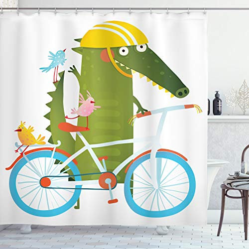ABAKUHAUS Krokodil Duschvorhang, Crocodile Freunde Fahrrad, Stoffliches Gewebe Badezimmerdekorationsset mit Haken, 175 x 180 cm, Olivengrün Gelb