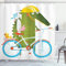 ABAKUHAUS Krokodil Duschvorhang, Crocodile Freunde Fahrrad, Stoffliches Gewebe Badezimmerdekorationsset mit Haken, 175 x 180 cm, Olivengrün Gelb