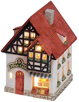 Tante Emma Laden Fachwerkhaus aus Porzellan – Windlicht Lichthaus Miniatur-Modell – B14 x T11 x H16 cm - detailreiche Haus Dekoration Teelichthalter Weihnachtsdorf Sammlerobjekt Dekohaus Geschenkidee