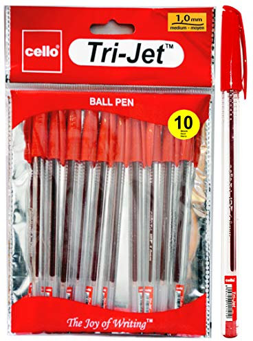 Cello Tri-Jet Red Ballpoint Pens Extra Grip Medium Point Biros (1.0 mm) - Red Pens, Pack Of 10,